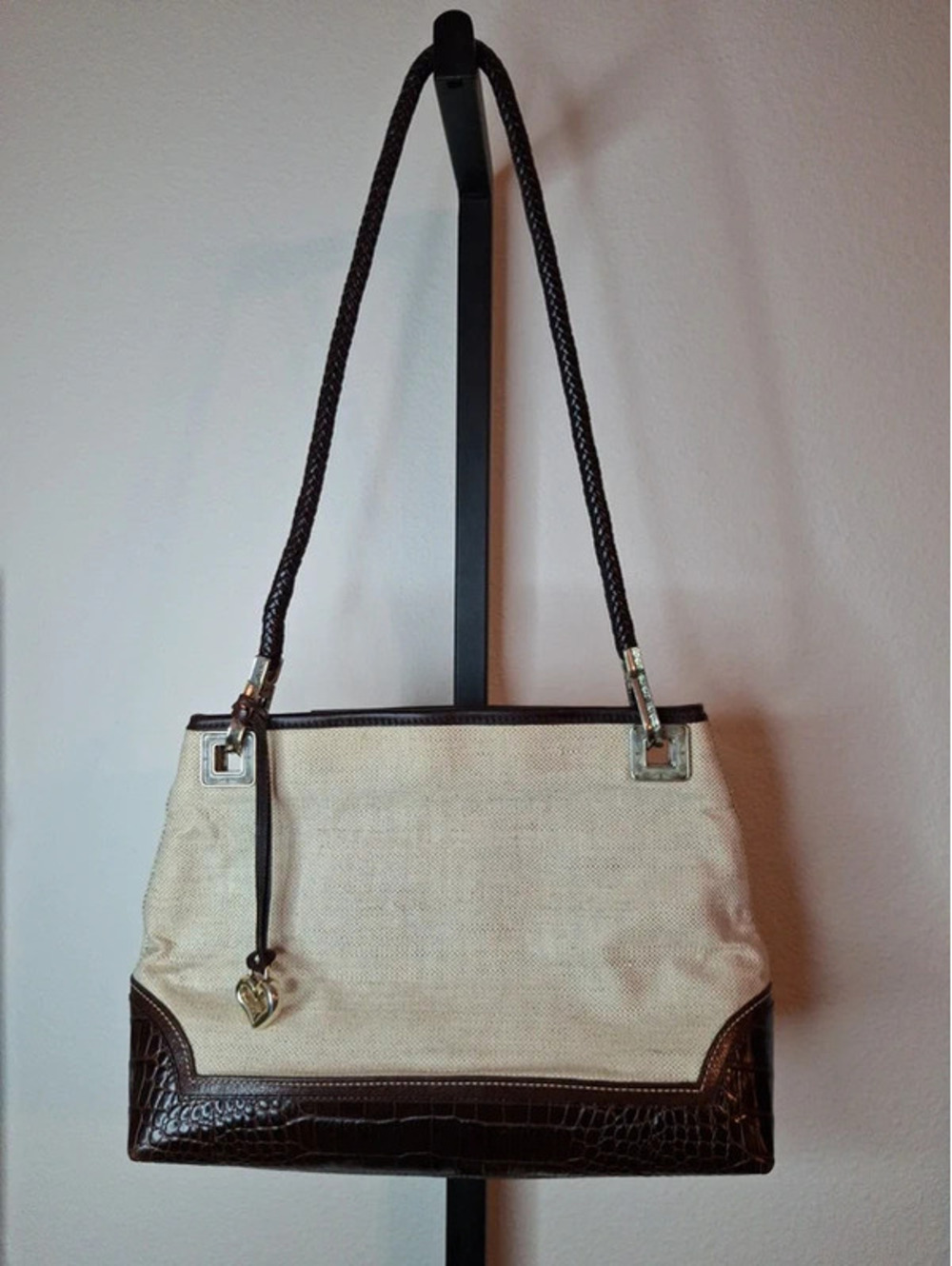 Vintage Brighton cream canvas and brown crocodile-embossed leather shoulder bag